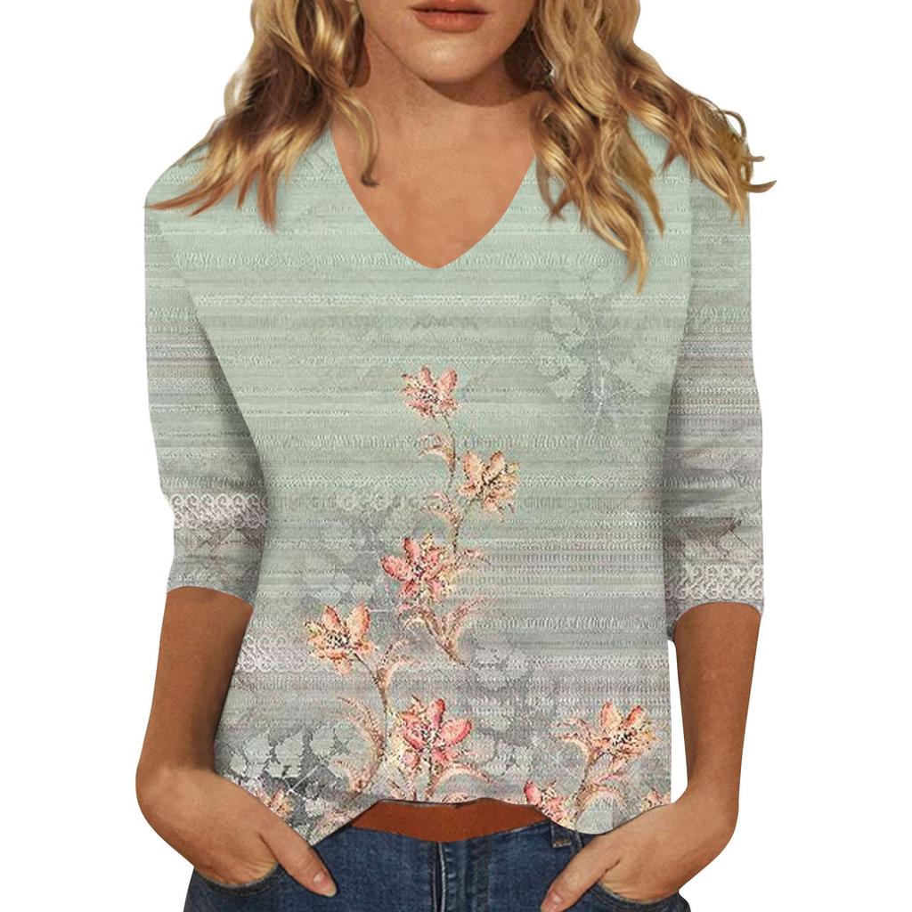 Women’s Fashion Everyday Everything Casual V-neck Seven-point Sleeve Printed T-shirt Top