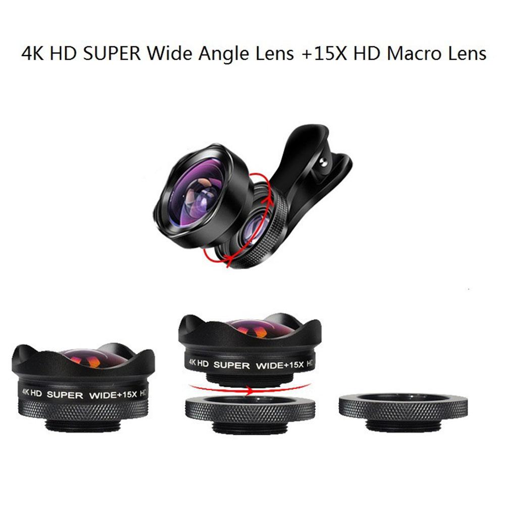 4K-объектив для камеры смартфона 0,45-кратный широкоугольный 15-кратный макрообъектив для телефона с универсальным зажимом, совместимый с