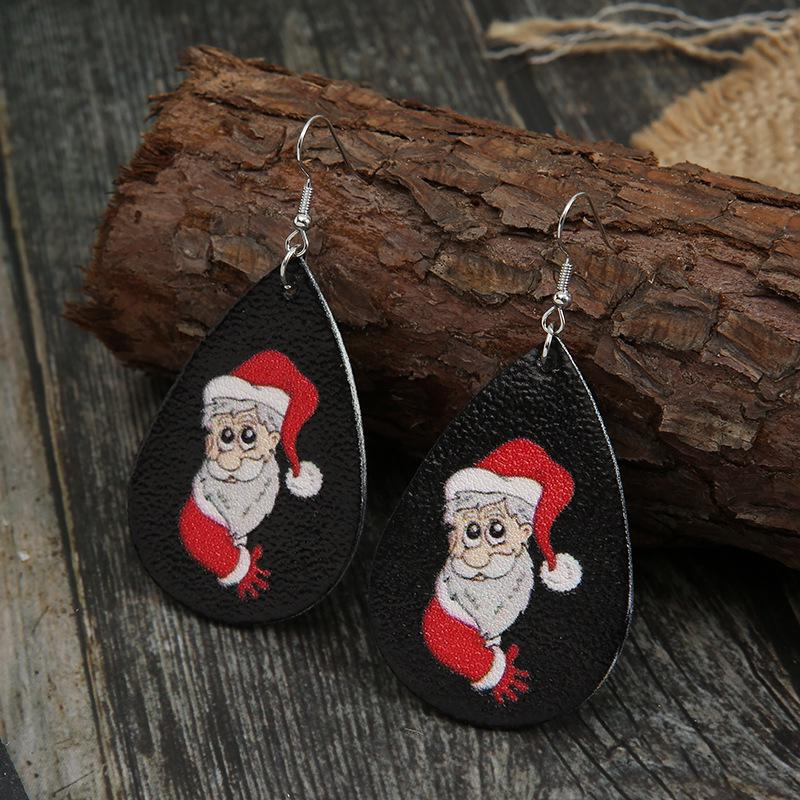 European & American Christmas Leather Earrings: Black Santa Claus Design - Simple & Stylish for Women