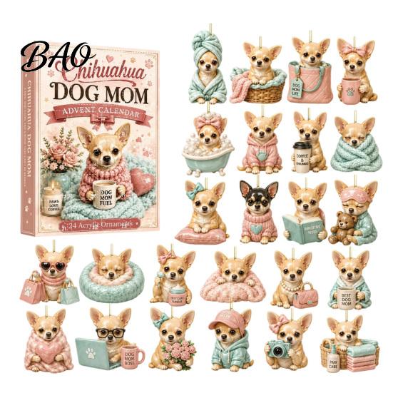 Daily Surprise Gift Box 24 Day Dog Advent Calendar, Cute 2D Flat Chihuahua Hanging Ornaments, Holiday Collectible Ornaments for Home Different Acrylic