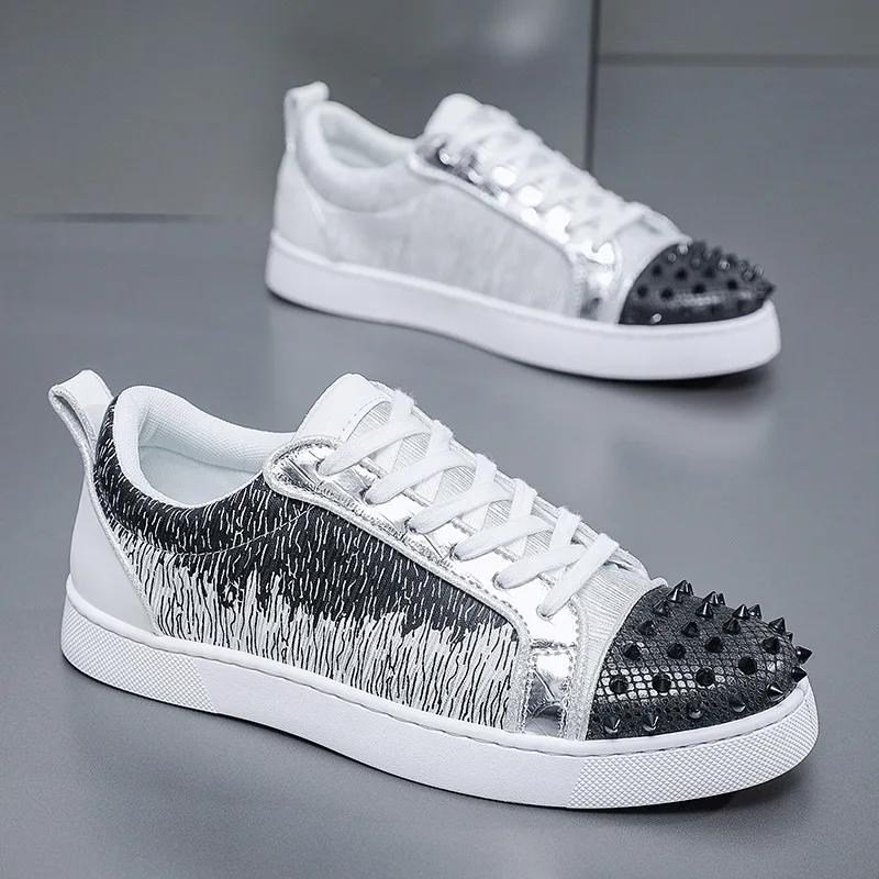 Кроссовки Повседневные Мужские Дизайнерские Клепки Блестящие Панк Обувь для Скейтборда Мода Микрофибра Кожа Ткань Увеличение Роста Плоская Обувь на Платформе