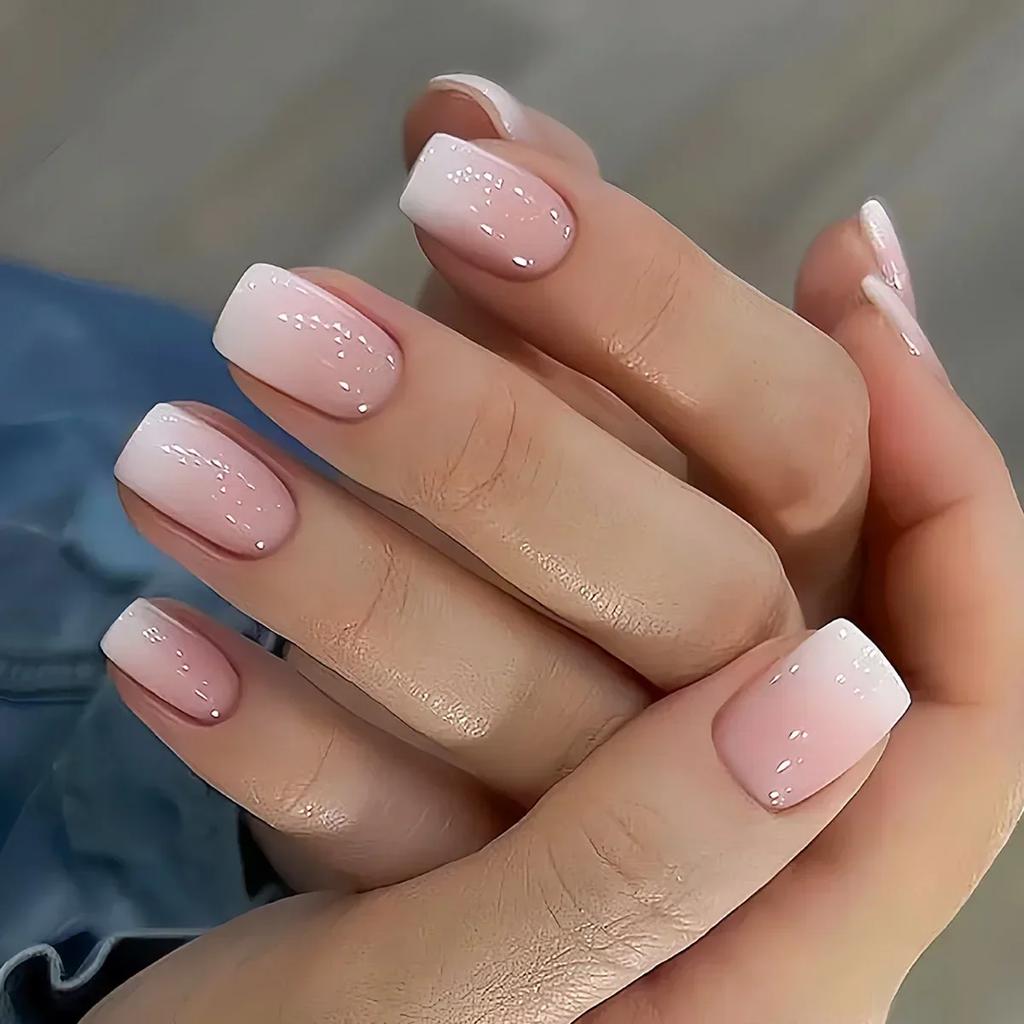 24Pcs Short Square Gradient Pink White Press On Nails With Glue Simple Ballet Full Cover False Nail Tips