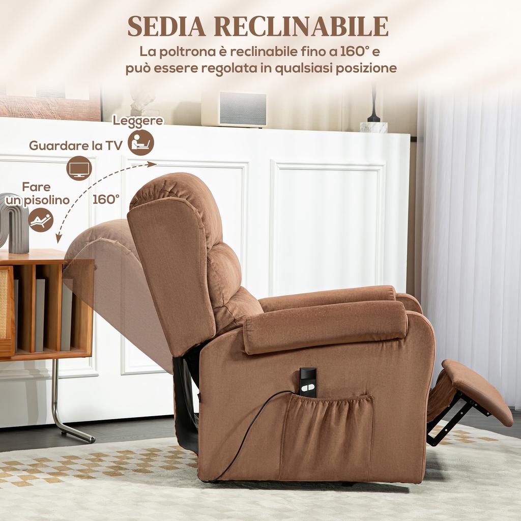 Riser Recliner Armchair Reclining to 160 degrees with Footrest and Remote Control, in Velvet, 85x88x109 cm, Brown