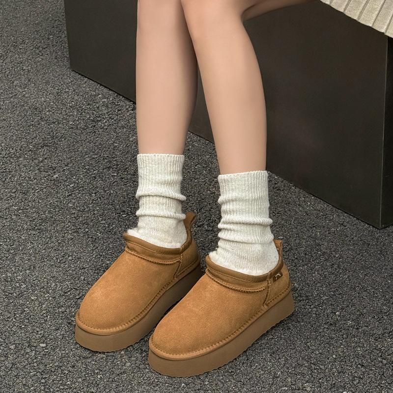 Leather wool cotton shoes snow boots winter thick-soled piled thickened mini snow cotton short boots women's shoes