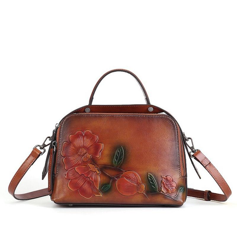 Genuine Leather Women Bag Flower Totem Embossing Ladies Handbags Vintage Design Shoulder Bags Fashion Crossbody Bag