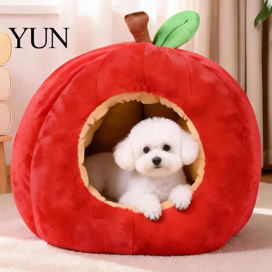 Soft Cotton Cat Sleeping Bag Apple-Shaped Cave Bed, Plush Pet Hideaway with Removable Cushion, Warm Indoor Hideout for Winter Cozy Enclosed Bed Small