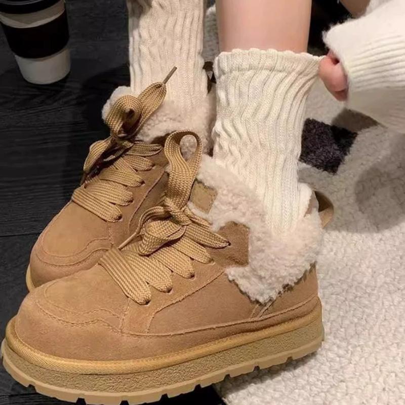 Зимний Стиль Женские Ретро Ботинки на Шнуровке с Круглым Носком на Низком Плюшевом Толстом Каблуке Модные Дизайнерские Женские Вулканизированные Туфли