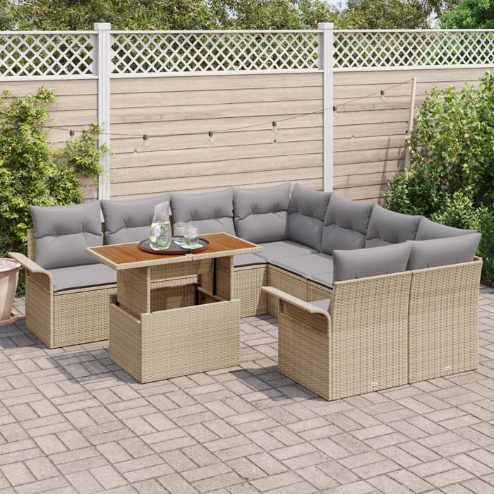 Ensemble de Canapé de Jardin 9 Pièces avec Coussins en Rotin Poly Beige, Canapé de Jardin 2 Places avec Rangement & Coussins 3358051