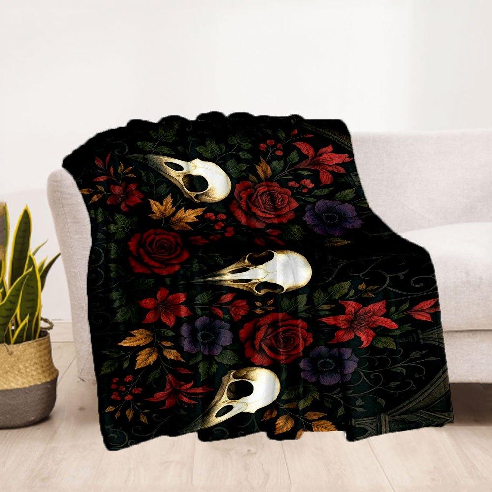 "Dark Gothic Floral Skulls Wall Art Print"Blanket Flannel Throw Blanket for Sofa, Bed, Travel, Camping, Office, Couch, Chair, And Bed Gift f