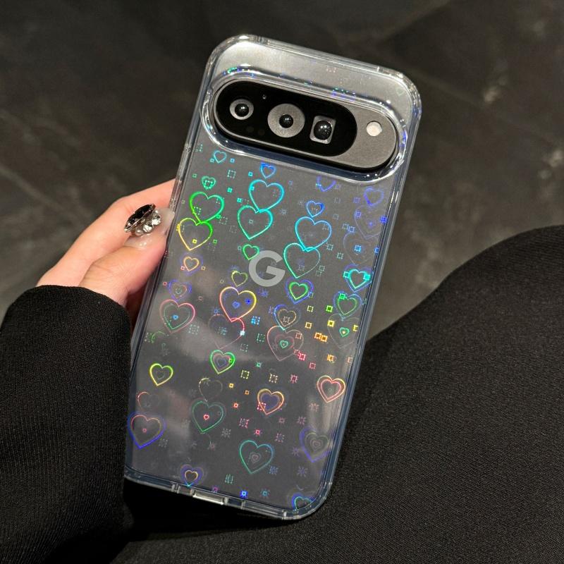 Luxury Laser Heart Transparent Acrylic Phone Case For Google Pixel 9 Pro XL 9A 8 8A Lovely Fashion Clear Shockproof Cover