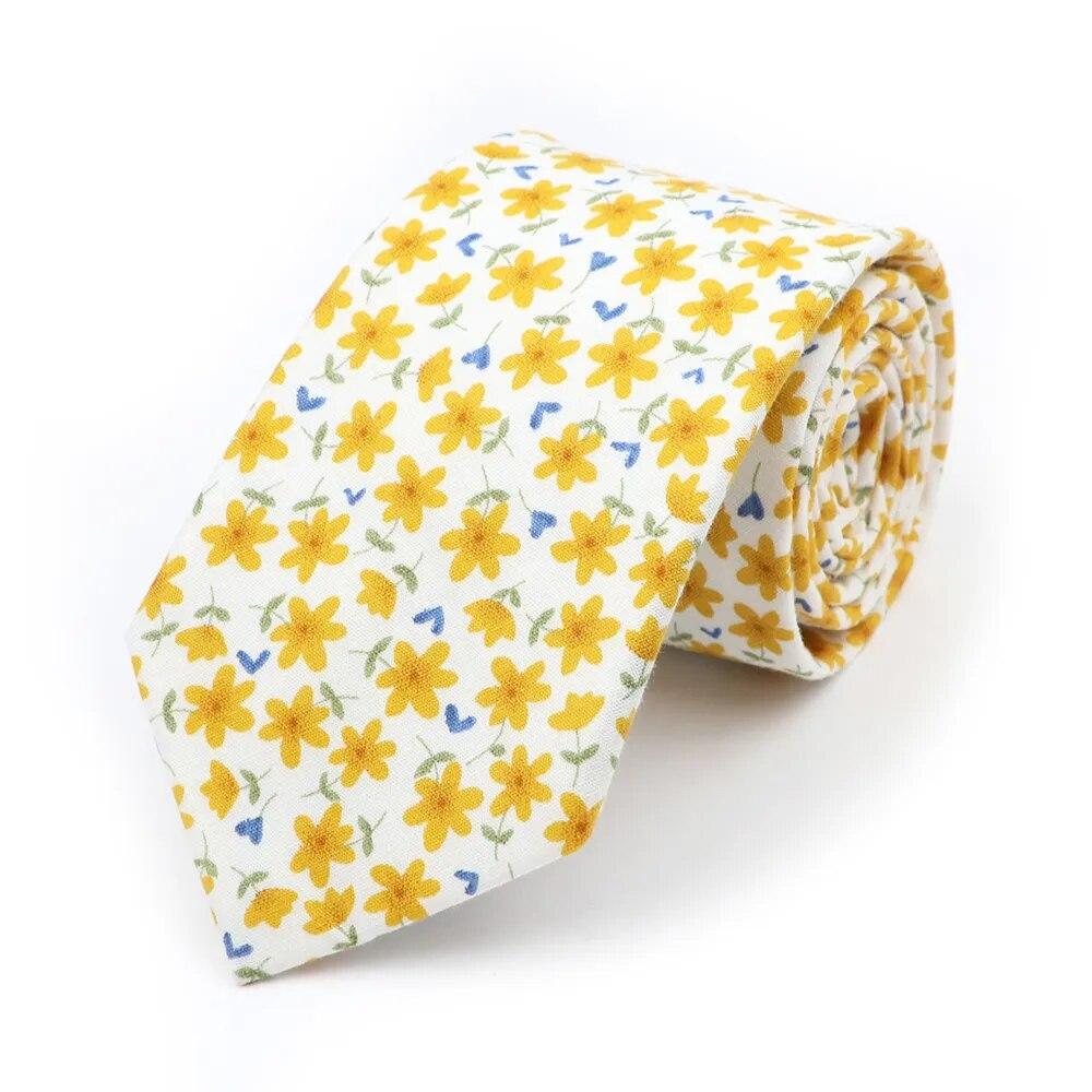 Floral Tie, For Men Women, 100% Cotton, Elegant Flower Necktie, White, Blue, Narrow Skinny, Wedding, Party