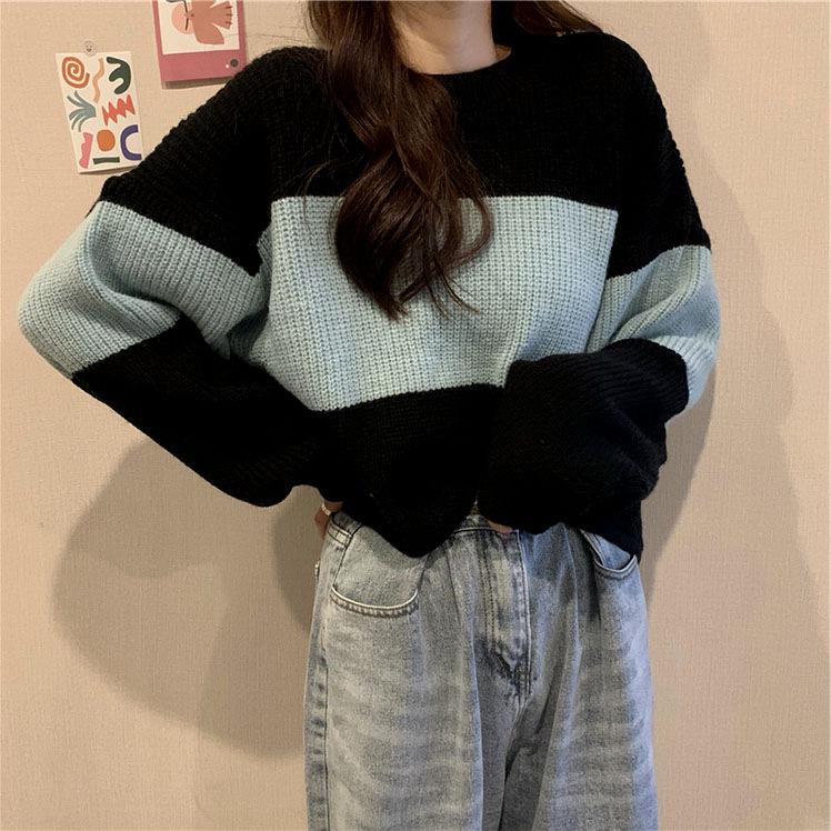 Женский полосатый свитер в стиле колор-блок — свободный ретро-пуловер на весну и осень