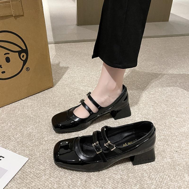 Fashion Design Sense Mary Jane Single Shoes Women's 2024 Autumn New Square Head Middle Heel Temperament Women's Single Shoes Platform
