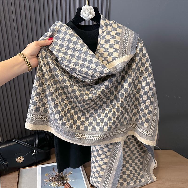 Double-sided Imitation Cashmere Geometric Lattice Texture Printing Thickened Warm Scarf Air-conditioned Room Shawl Outside