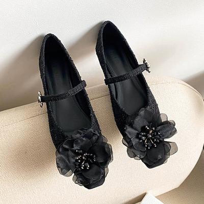 Модные милые женские туфли-балетки с цветочным принтом, черные/белые тканевые туфли Мэри Джейн, ремешок на щиколотке, кружевные цветочные балетки, женские мокасины, большой размер 42