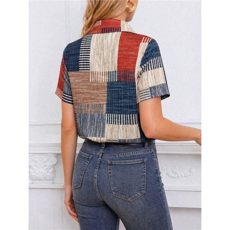 Women Patchwork Plaid Short Sleeve Shirt Lapel Collar Button Down Casual Loose Blouse
