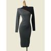 Export Color Matching Stylish Bodycon Dress Fashion Wind Stand Collar Long Sleeves Threaded Figure Flattering Knitting Dress