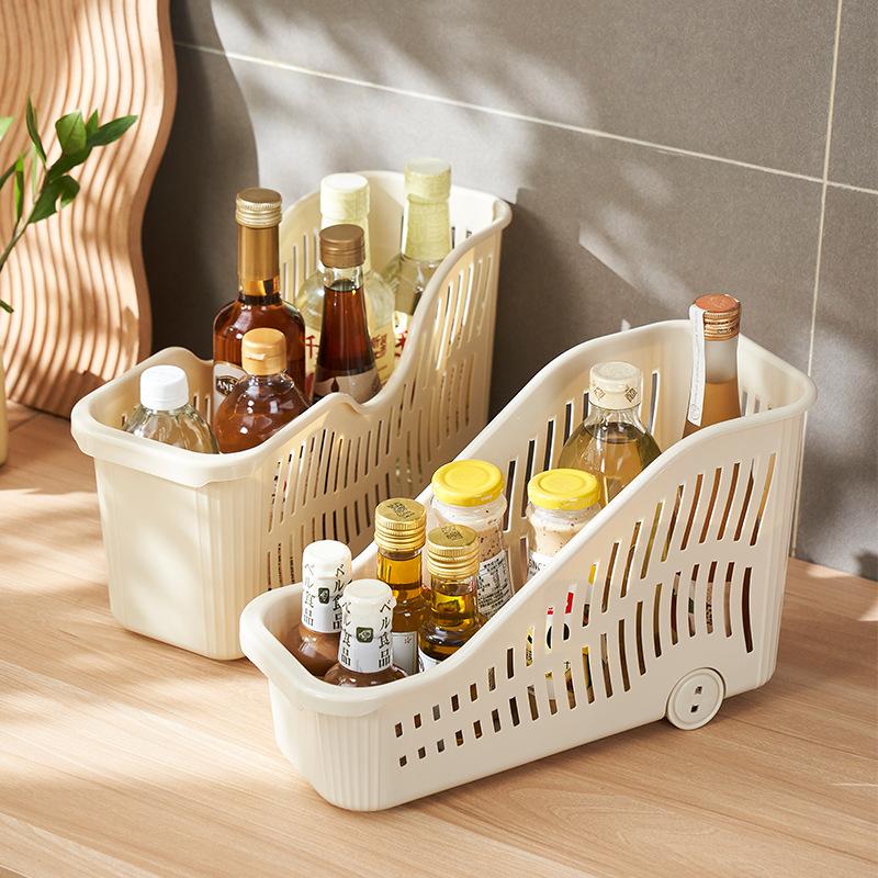 Plastic Storage Basket With Wheels And Handle Slanted Open Design Organizer Bin For Books Stationery And Household Items