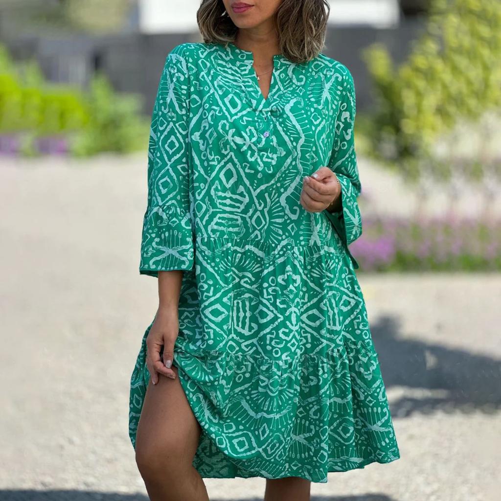 Women's Fashion Button V-neck Speaker 3/4 Sleeve Printed Patchwork Cake Dress