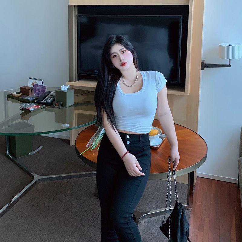 Women's Short-sleeved Big Yards U-shaped Collar Short Sleeve Thin Fashion Versatile T-shirt Slim Short Section Solid Colour Tops