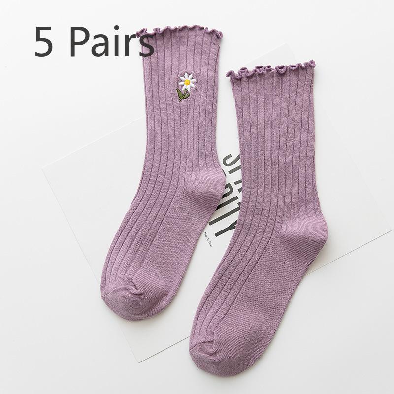 5 пар женских носков весна-лето, новые однотонные, с вышитыми деревянными ушками, с закрученным краем, в трубчатом ворсе