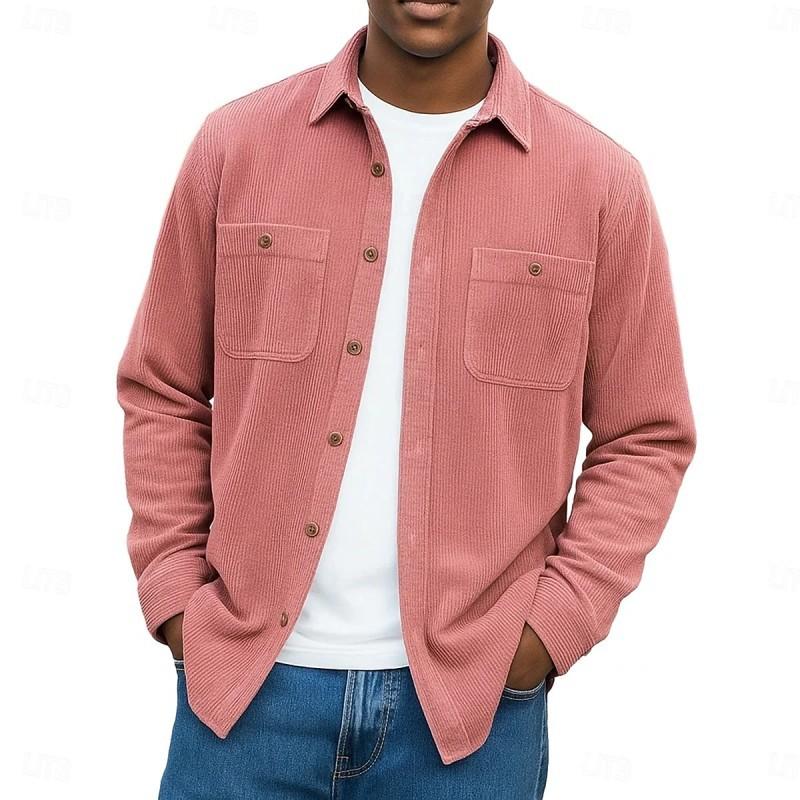 Осень Зима Мужская Однотонная Вельветовая Рубашка с Двойным Карманом на Пуговицах с Длинным Рукавом Повседневная