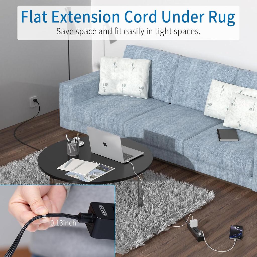 Long Extension Cord 15 Ft, NTONPOWER Ultra Thin Flat Extension Cord Under Carpet, Rug, Door, 3 Outlets Flat Plug Power Strip with 3 USB, Wall Mount,