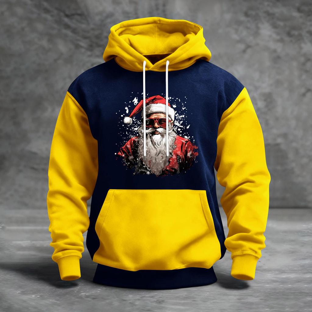 Мужской рождественский свитшот с капюшоном, повседневный, спортивный, удобный, с цветными блоками и принтом