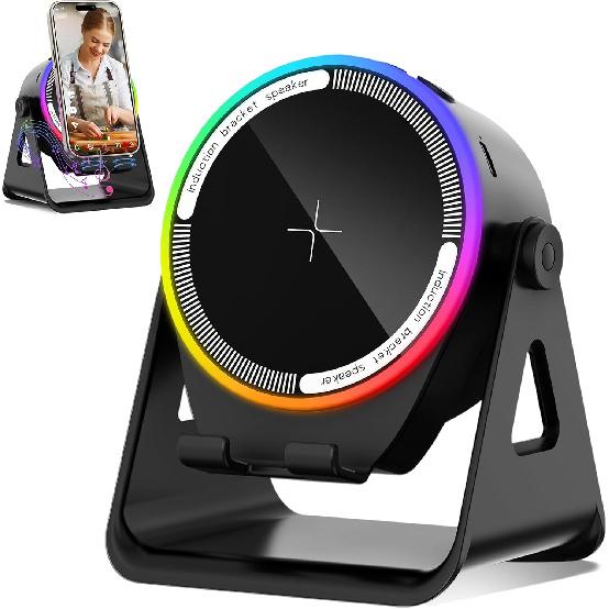 MRMORALE Wireless Induction Speaker, Multifunctional Bluetooth Phone Holder with RGB Light & 360° Rotation, HD Surround Sound, Compatible with