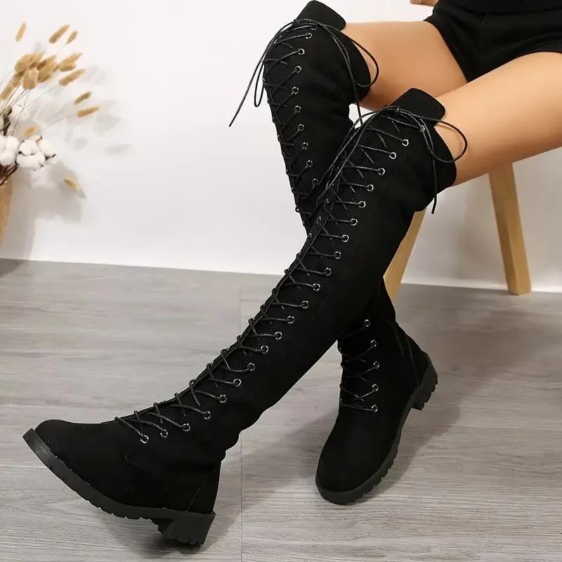 Fashion Casual Women's Boots Low Heels Flock Over Knee Boots for Woman 2024 New Cross Strap Lace Up Fashion Female Thigh High Boots