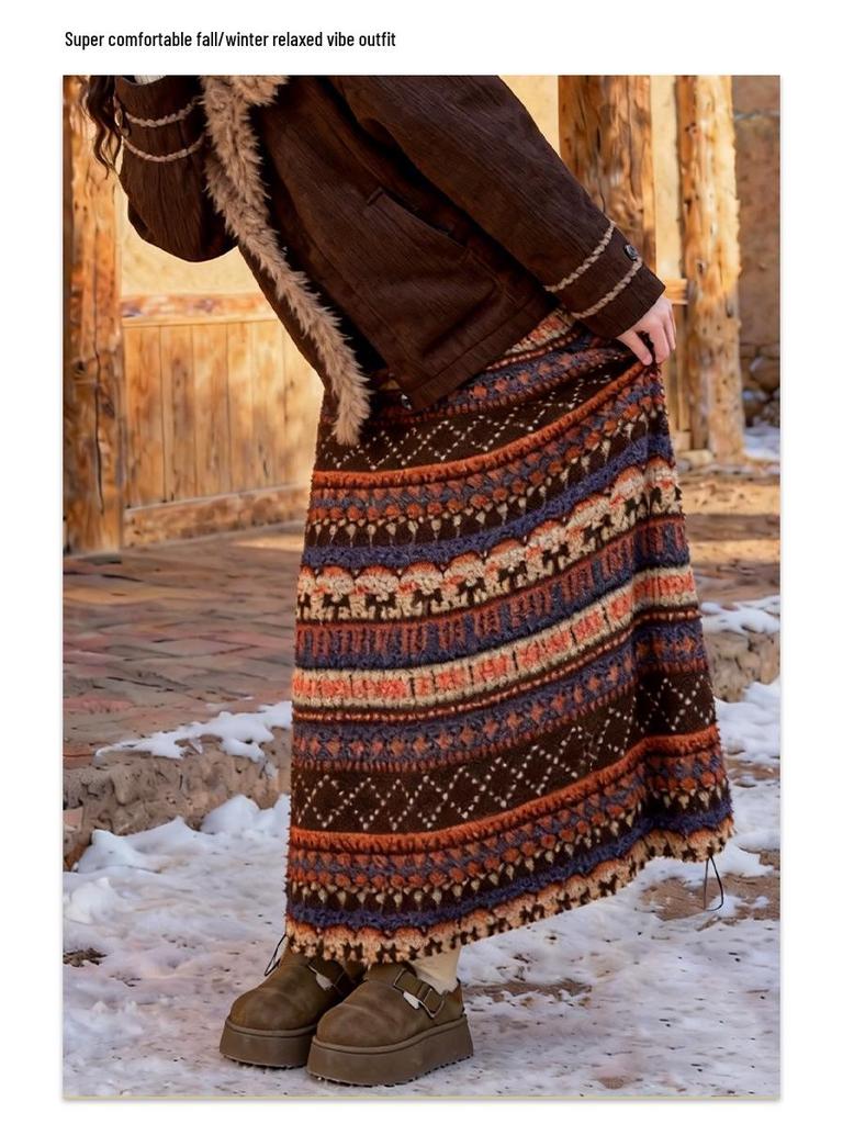 Женская флисовая юбка-фонарик в этническом стиле Fair Isle для осени/зимы