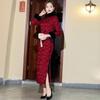 Winter velvet thickened long slim fit big fur collar cheongsam dress mother dress banquet dress home cheongsam