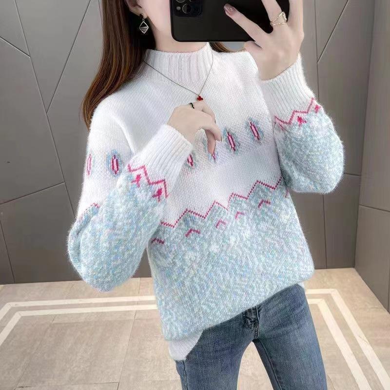 Autumn and Winter New Imitation Mink Velvet Color Matching Chenille Semi-turtleneck Sweater Women's Knitted Sweater with Loose Top