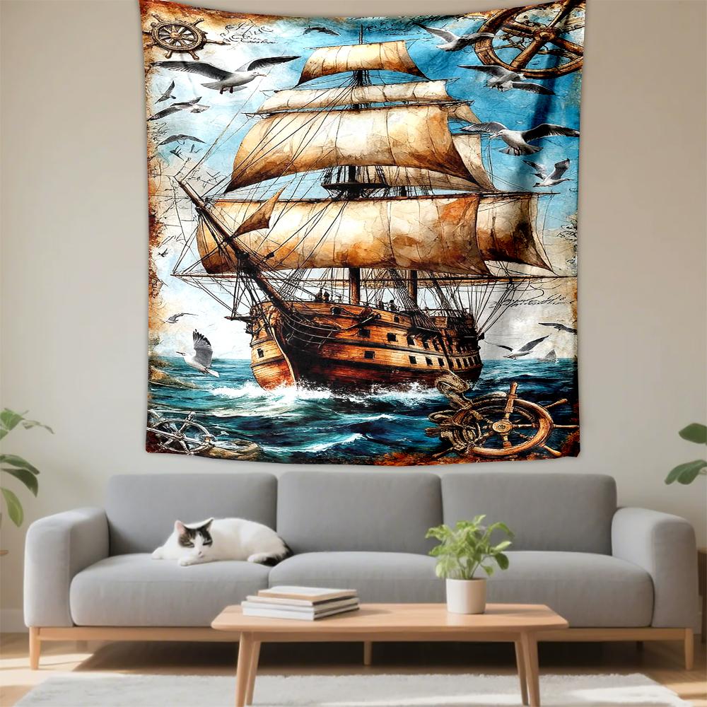 Tapestry Vintage Tall Sailing Ship Galleon Seagulls Compass Nautical Watercolor Wall Hanging for Coastal Beach House Decor