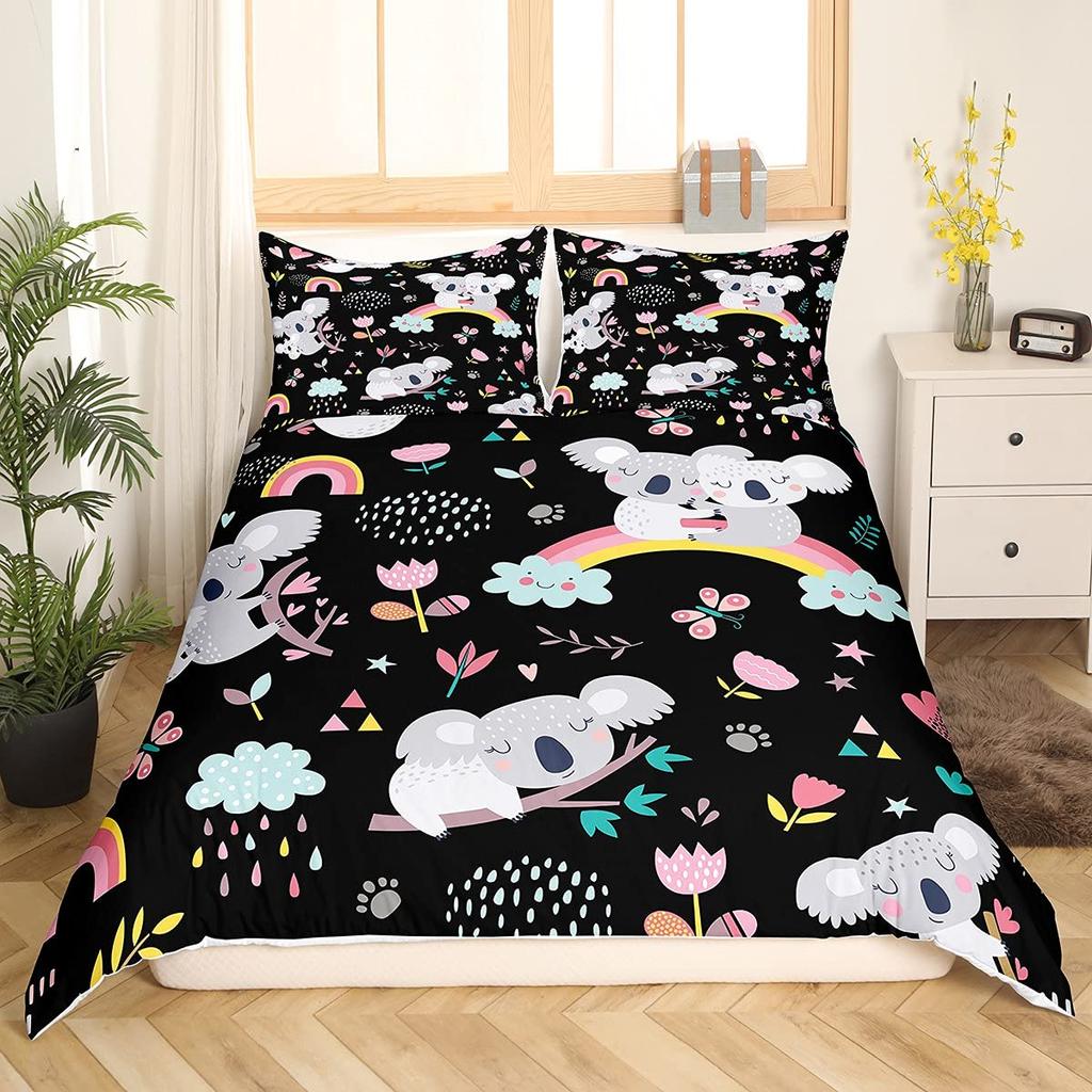 Koala Duvet Cover Set Blooming Floral Branch Bear Comforter Palm Tree Leaf Wildlife Cartoon Polyester Quilt