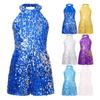Girls Jazz Dance Costume Halter Shiny Sequins Leotard Sleeveless Short Jumpsuit Stage Performance Clothes