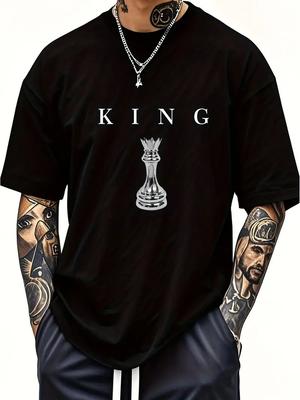 THE KING Мужская хлопковая футболка 180 г/м² - Черный шахматный король с графическим принтом, Повседневная