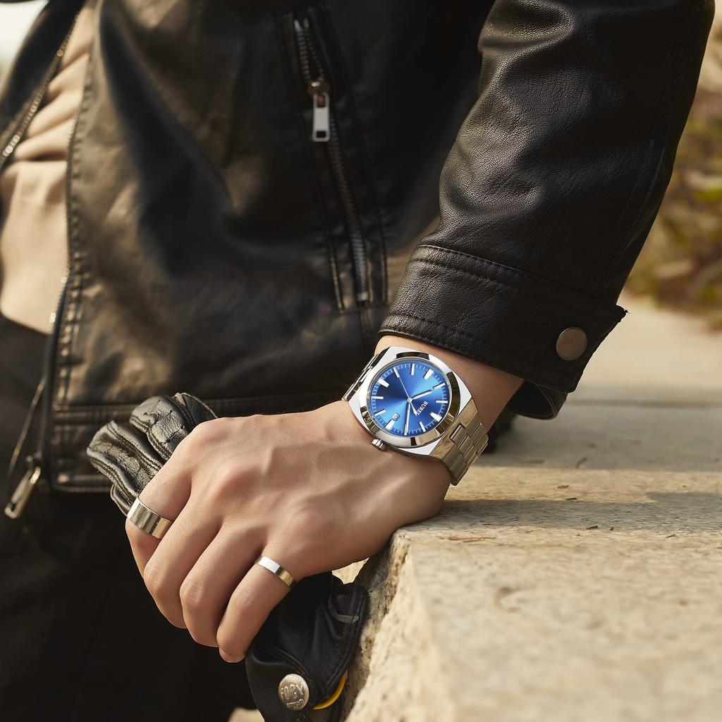 BUREI Analog Quartz Large Date Silver Watch for Gift Men's Watch, Simple, Waterproof, Silver, Dial, Display, Popular, Stylish, Gentleman's, Business,