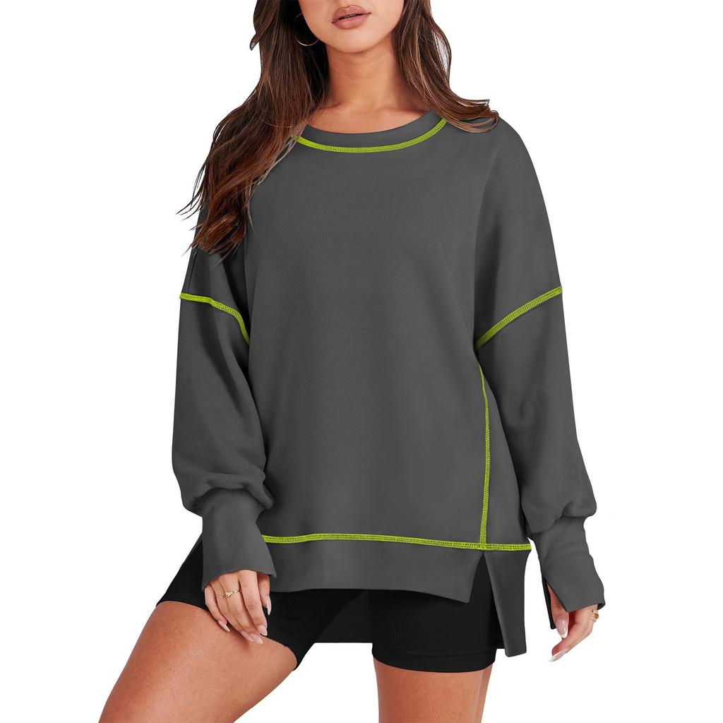 Women's Casual Loose Fitting Pullover Sweatshirt Solid Color Split Stitch Long Sleeved Sweatshirt