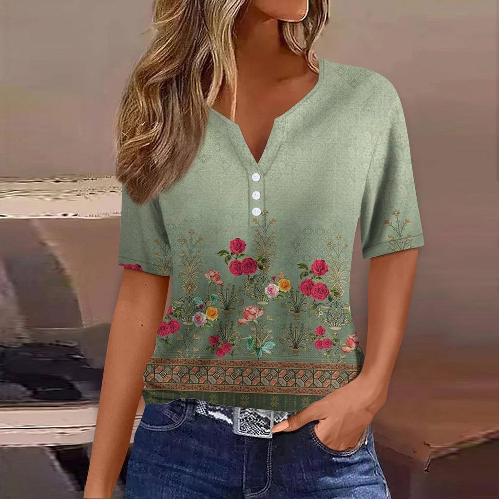 Women's T Shirt Tee Print Button Short Sleeve Daily Weekend Fashion Basic V- Neck Regular Top