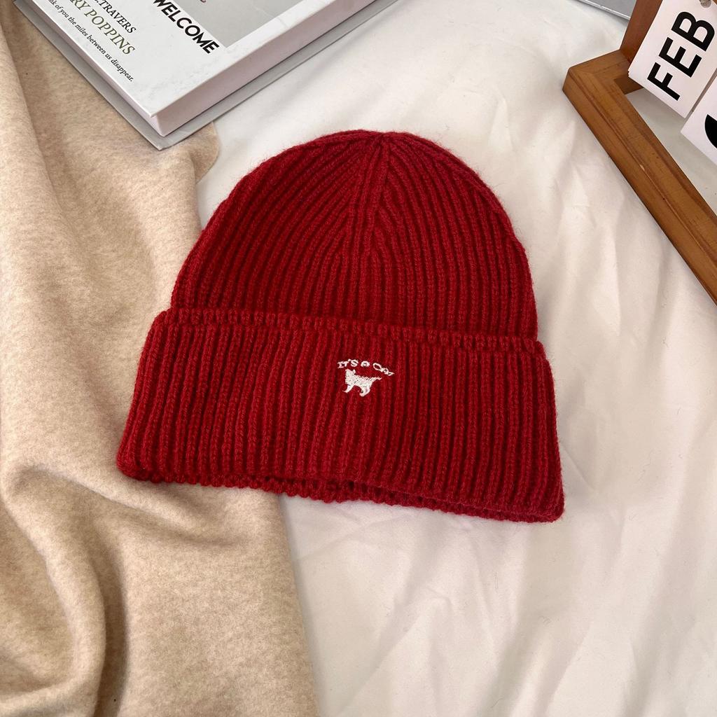 Шапка женская осенне-зимняя универсальная вышитая шапка с изображением котенка большая голова маленькая вязаная шапка модная теплая шерстяная холодная шапка