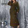 Plus Size Women Evening Dress V-Neck Long Sleeve High Waist Tight Long Dress Solid Color Shiny Fishtail Dress