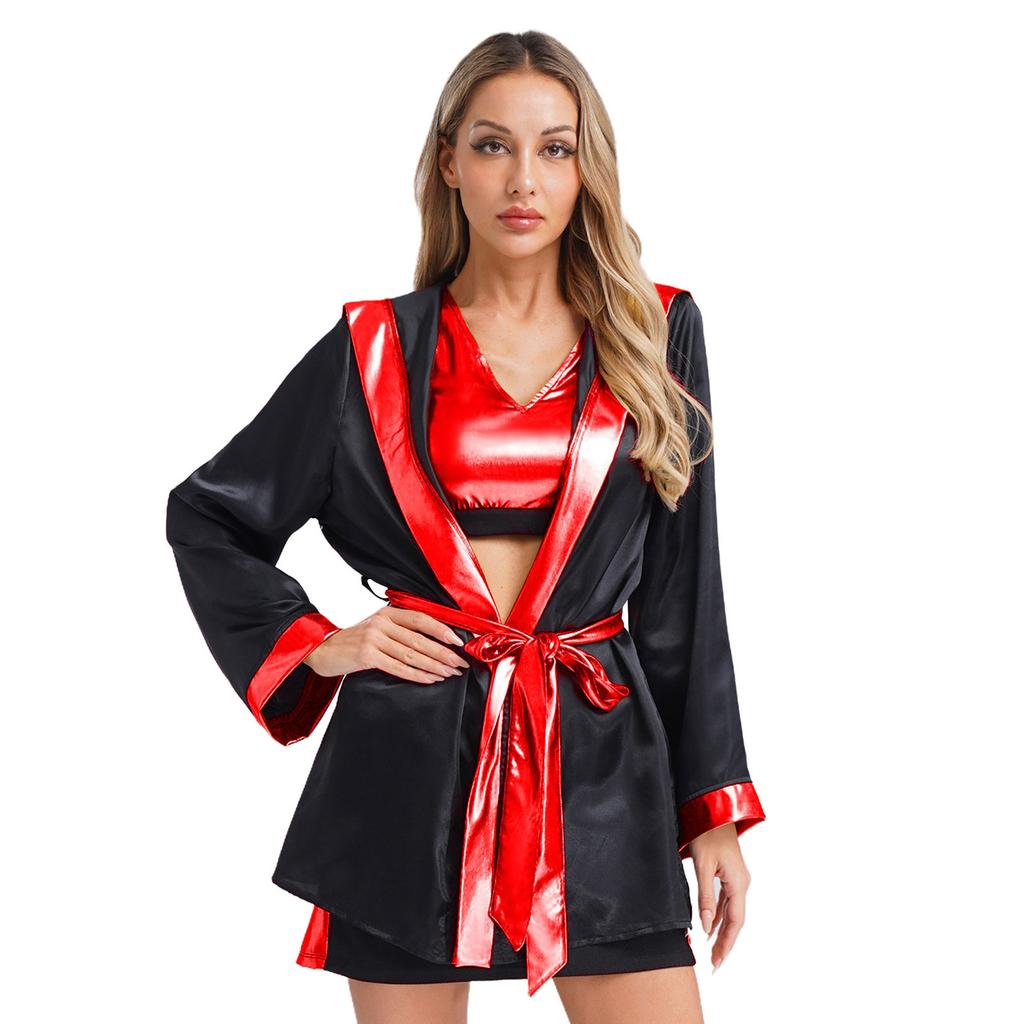 Womens Boxing Ring Outfit V Neck Tank Top Skirt Hooded Coverup Belt Halloween Cosplay Costume Set