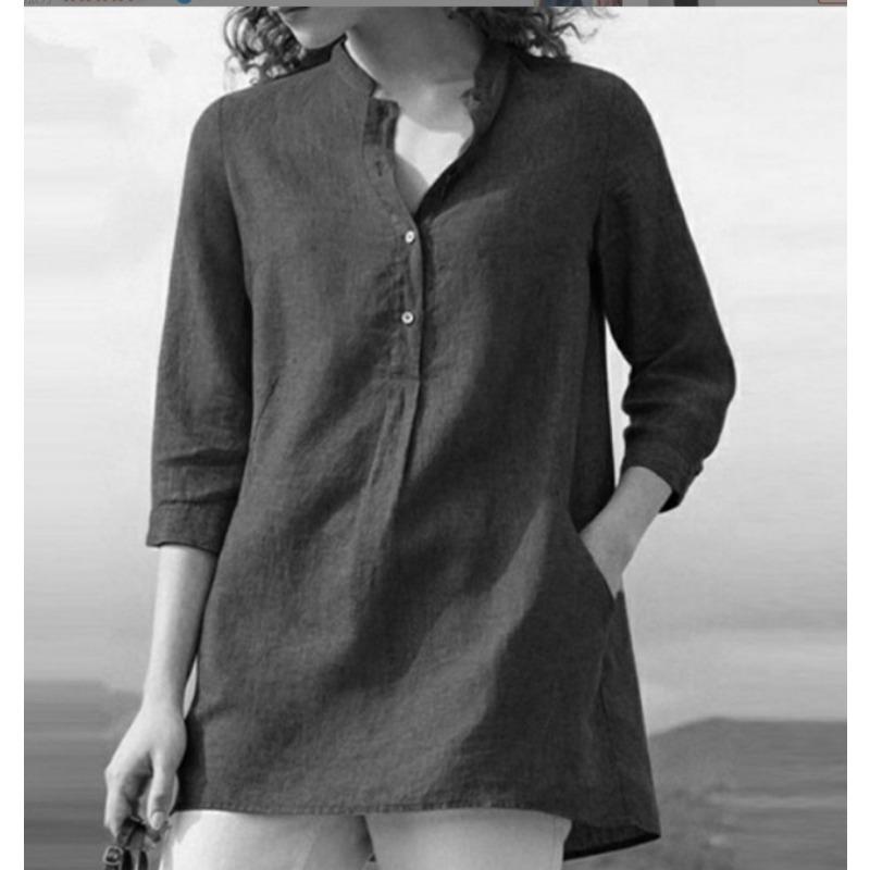 Женская рубашка большого размера, однотонная, с воротником-стойкой, повседневный пуловер, топ на весну и осень