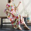 DIMANAF 2024 Plus Size Summer Floral Print Women Beach Dress Basic Holiday Loose Vintage Long Linen Dresses