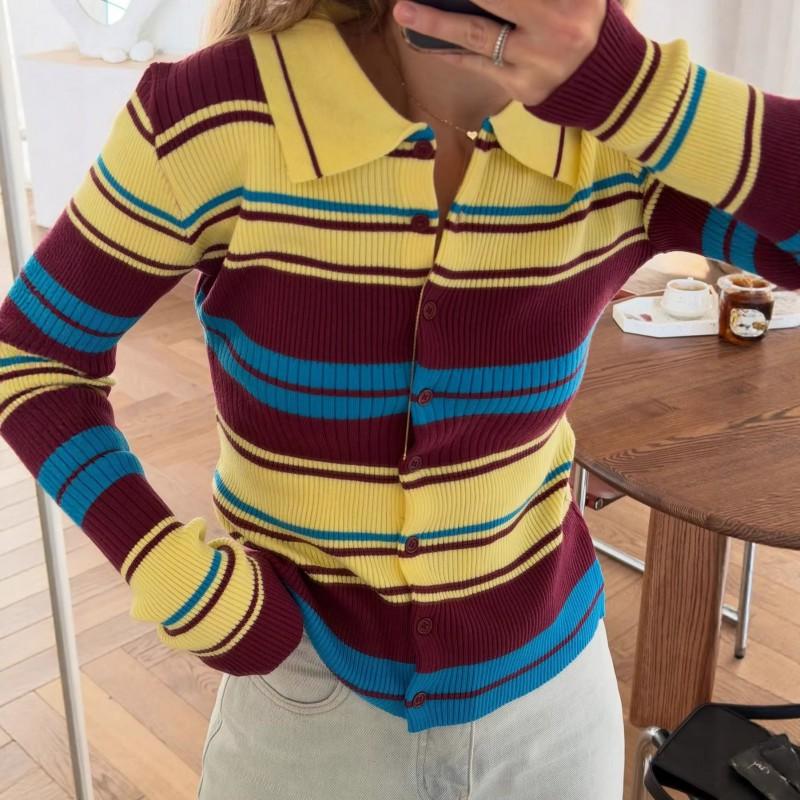 Chic Fall Slim Fit Striped Knit Cardigan Retro Youthful Long Sleeve Top Women