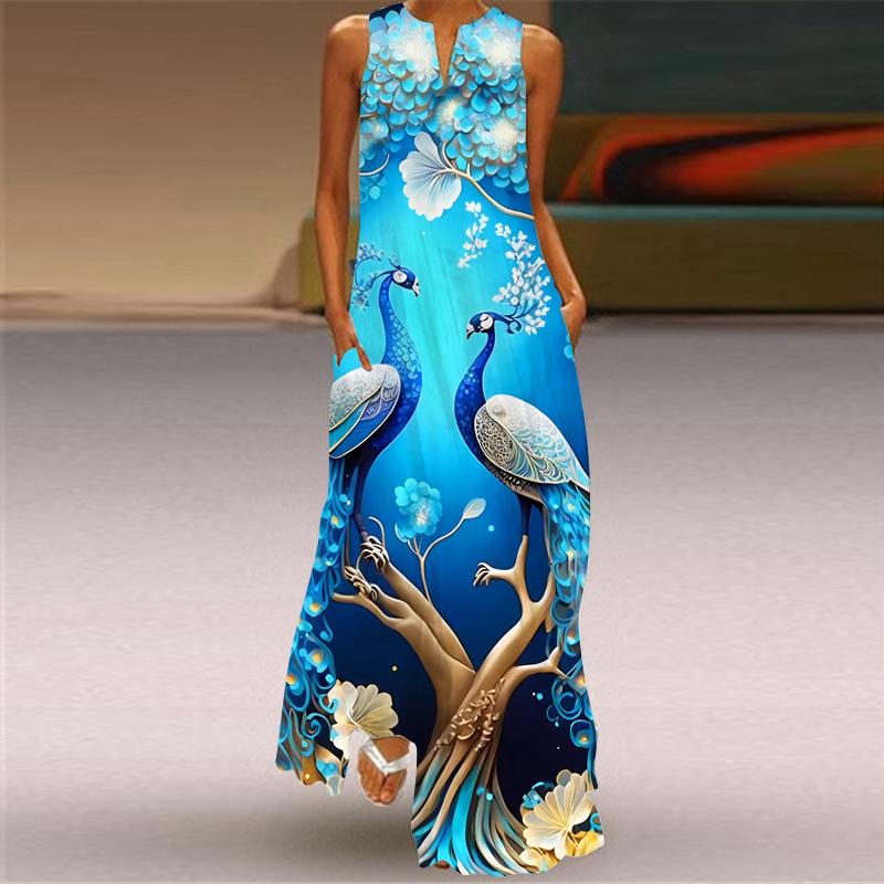 2026 New Summer Women's Sleeveless V-Neck Printed Sexy Dress Long Dress European and American Women's Clothing