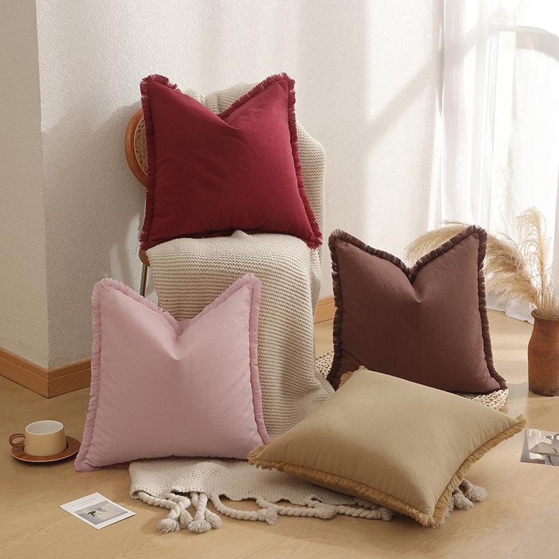 Modern Simple Sofa Cover Pillow Thickened Washed Cotton and Linen Tassel Living Room Bedroom Sofa Bedside Pillow Cover