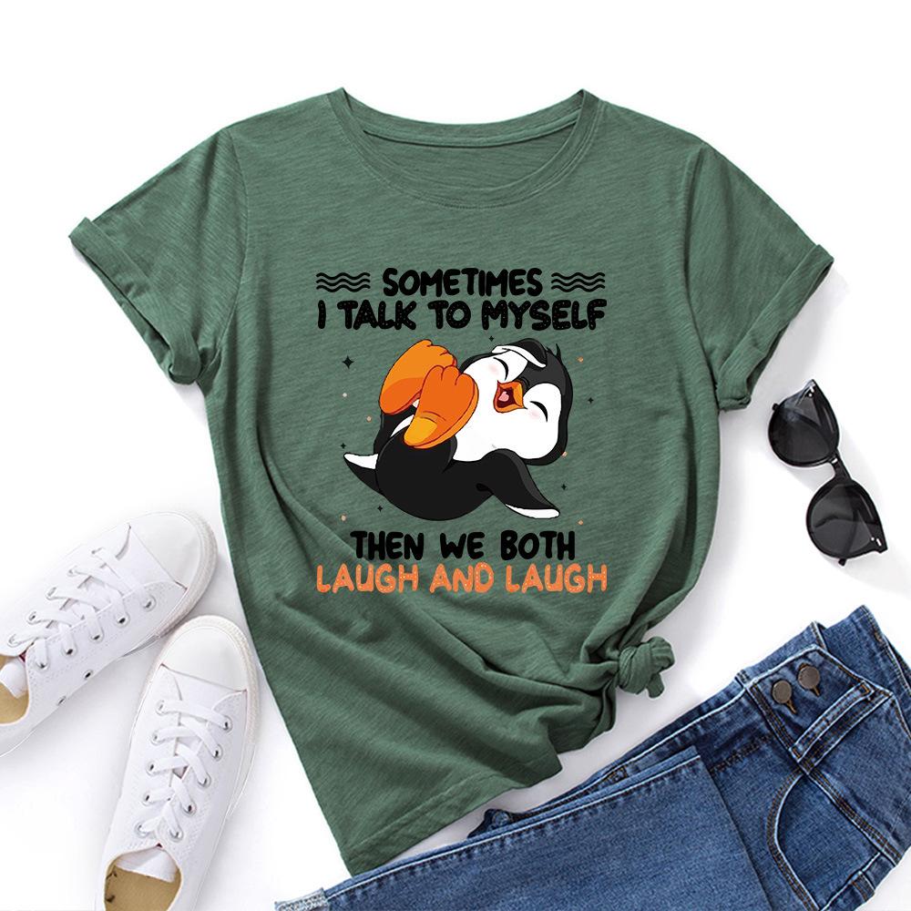 Cotton T-Shirt Short Sleeve Round Neck Women 2d Print Tops