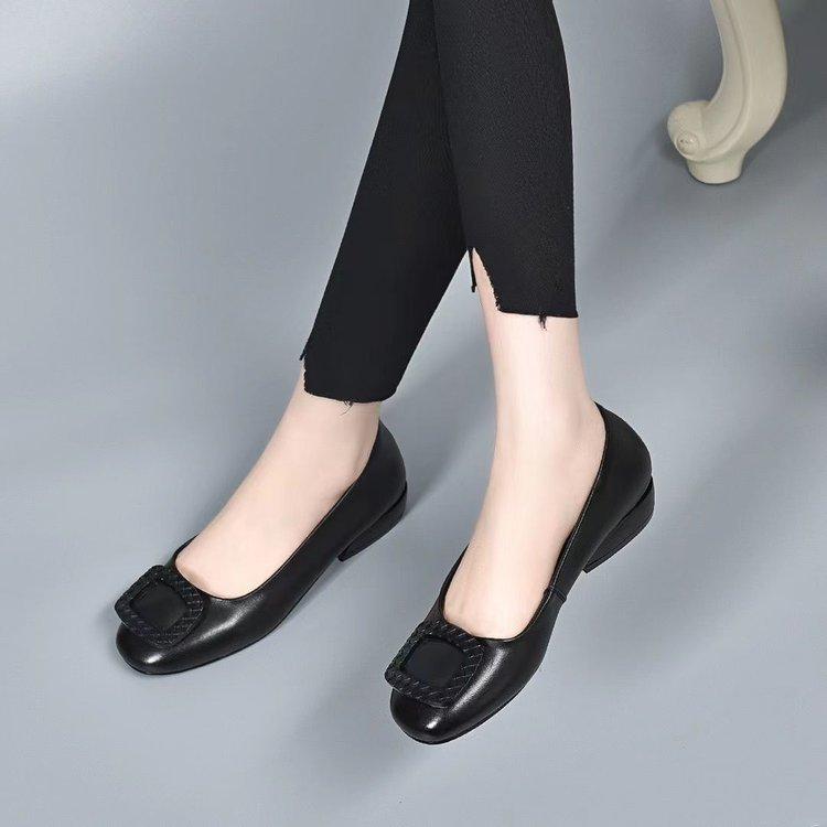 Women Pumps Med Heel Square Toe Pumps Office Lady Leather Shoes Soft Soles Slip On Shoes